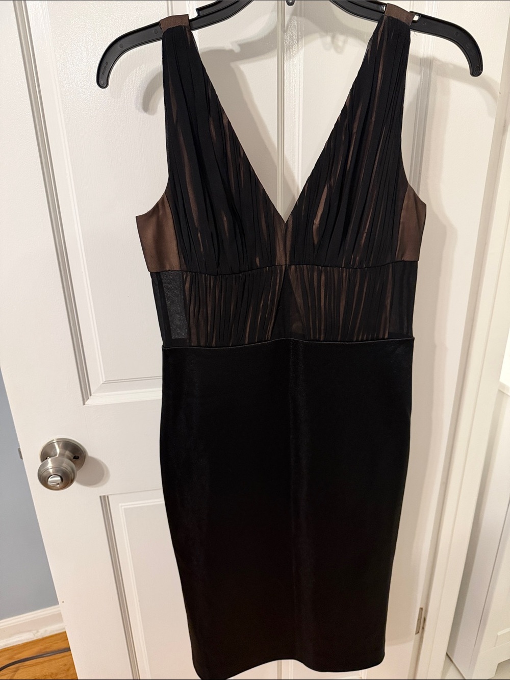Vera Wang Black V-Neck Midi Dress with Sheer Pleated Bodice